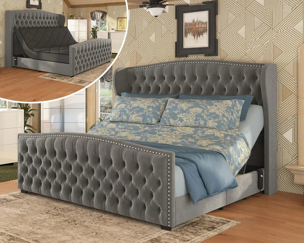 Queen Velvet Adjustable Bed Frame