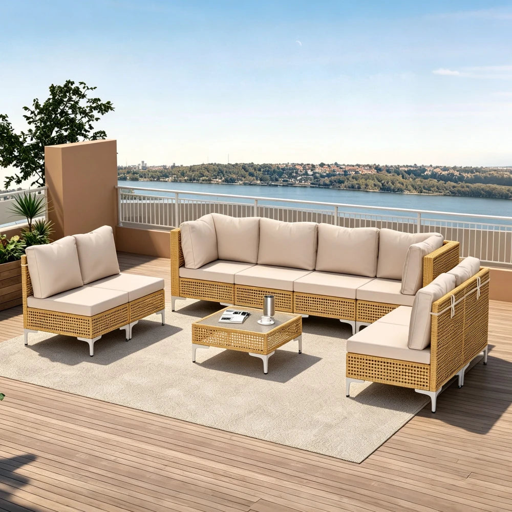 9-Piece Outdoor Patio Furniture Set Wicker Sectional Sofa